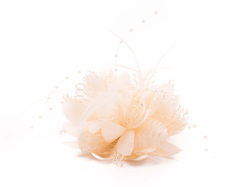 Flower Feather Fascinator Beaded Beak Hair Clip Brooch Bobble Ladies Day Ascot Races (Cream) Cream - BeesActive Australia