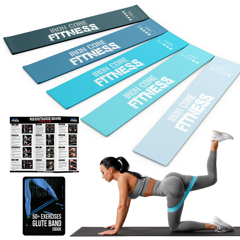 Ultimate Glute Building Pack- Set of 5 Premium Resistance Bands in Unique Colours- Ebook and Chart included by Iron Core Fitness Ocean Blue Palette - BeesActive Australia