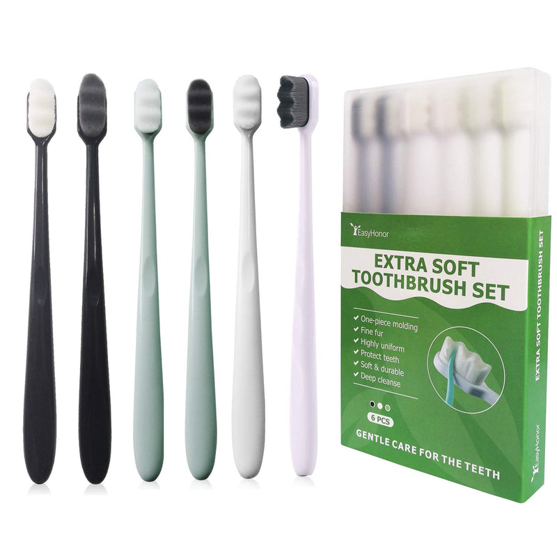 EasyHonor Extra Soft Toothbrush for Sensitive Gums, Micro-Nano Manual Toothbrush with 20000 Soft Floss BristleS 6 Packs(Gray + White bristles) - BeesActive Australia