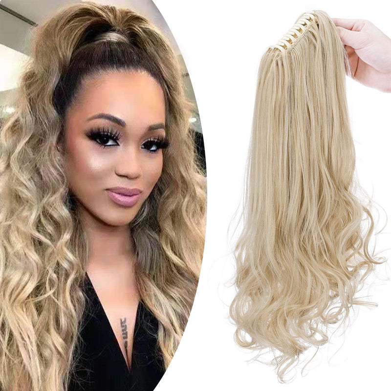 Long Straight Claw On Ponytail Extensions Soft Curly Wavy Ponytail Hairpieces Synthetic For Women Ladies 18" Inch, Ash Blonde Mix Bleach Blonde - BeesActive Australia