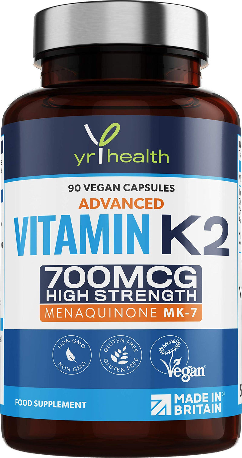 Vitamin K2 MK7 700mcg - High Strength Vitamin K2 Menaquinone - 90 Vegan Society Registered Capsules Not Tablets - Made in The UK by YrHealth - BeesActive Australia