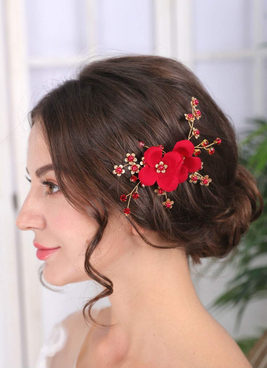 Sither Red Hair Clip for Bridal Floral Hair Comb for Women Wedding Hair Accessories for Bride Hair Clip Headpiece for Wedding Party Prom Gift - BeesActive Australia