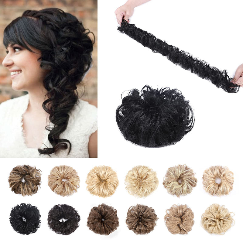 Messy Hair Scrunchies Wrap Bun Extensions Real Human Hair Curly Wavy Pieces For Women Updo Ponytail Hair #01 Jet Black - BeesActive Australia