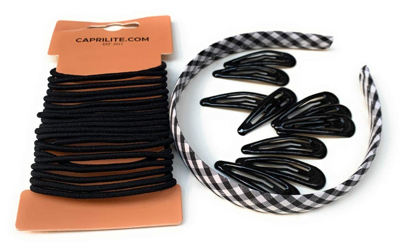 Mega Girls' School Hair Accessories Bundle Set - Gingham Checked Headband Snap Clips Bobbles Hairbands (Black) Black - BeesActive Australia