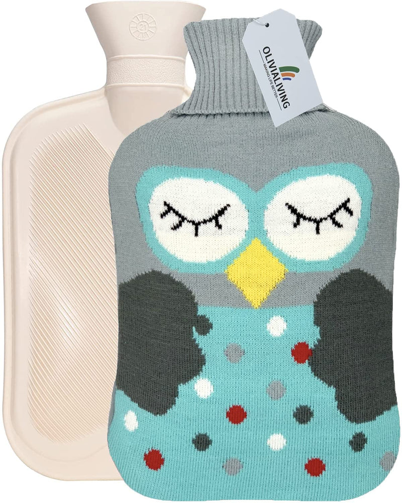 OliviaLiving Hot Water Bag Hot Water Bottle 2000ML Heat Up and Refreezable Hot Cold Pack with Knit Cover, Cartoon Owl Blue - BeesActive Australia