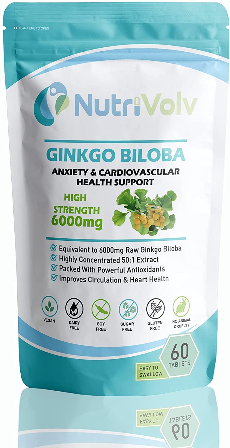 Ginkgo Biloba 6000mg Supplements Helps Promote Healthy Memory & Cognitive Function Blood Circulation, Heart, Memory, Focus & Anxiety | 60 Tablets - BeesActive Australia
