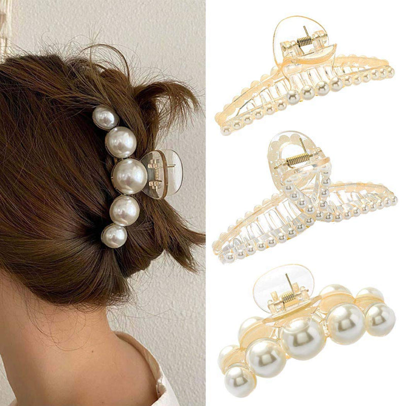 IYOU French Pearl Hair Claw White Large Plastic Banana Clips Hair Claw Clips Thick Nonslip Outdoor Hair Jaw Clips for Women and Girls(3Pcs) - BeesActive Australia