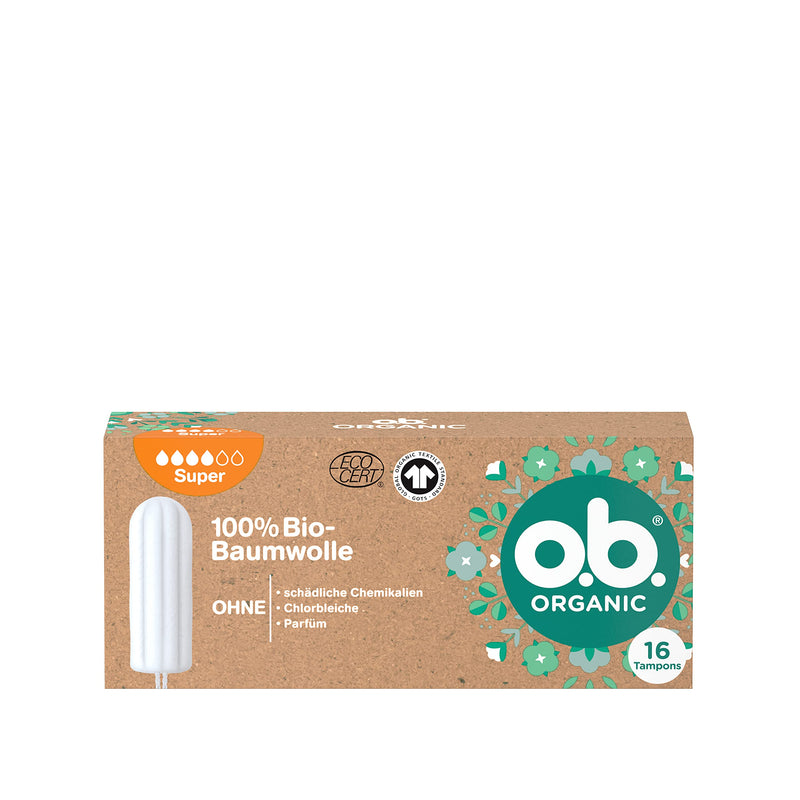 o.b. Organic Super, Organic tampons for Strong Days, Made from 100% Organic Cotton for Reliable and Natural Protection (1 x 16 Pieces) - BeesActive Australia