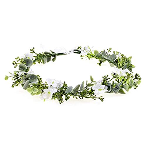 Merroyal Girls Flower Crown Floral Headpiece Floral Crown Wedding Festivals Photo Props (Green Leaf and White) Green Leaf and White - BeesActive Australia