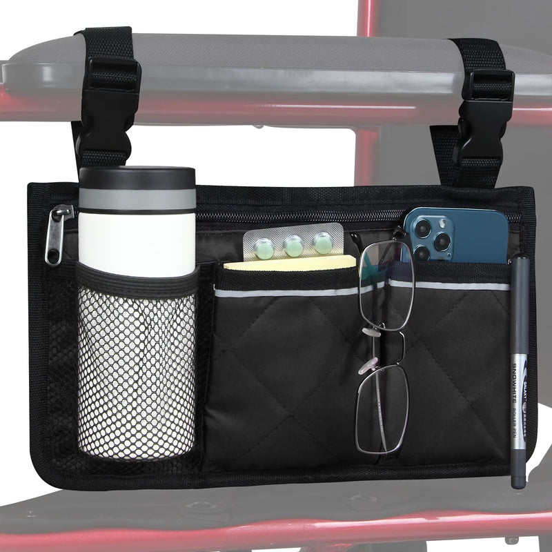 Wheelchair Side Organizer Storage Bag Armrest Pouch with Cup Hold and Reflective Strip, for Most Wheelchairs, Walkers or Rollators (Black) Black - BeesActive Australia