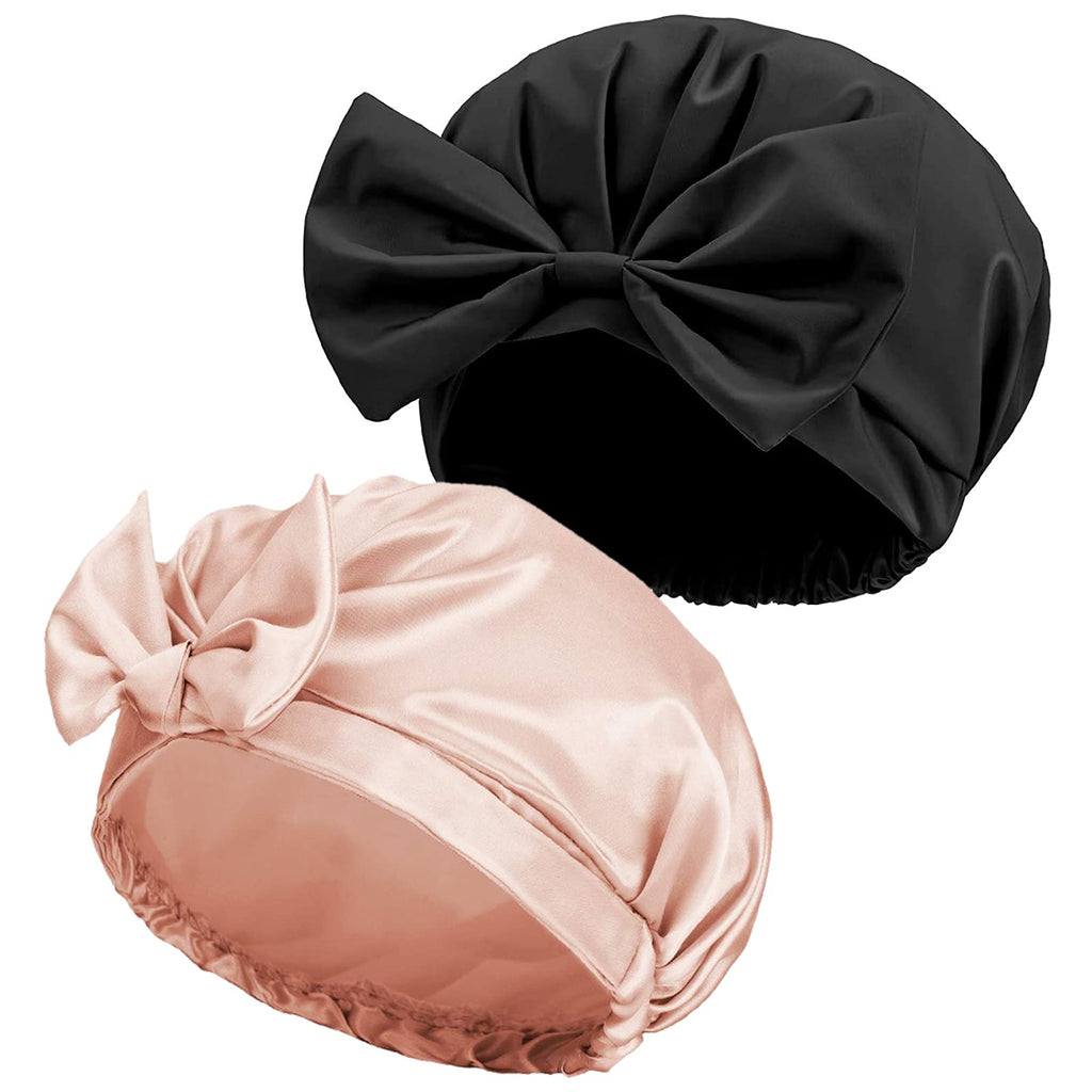 Reusable Bow Bath Cap Waterproof Shower Bonnet Turban Shower Hat Adjustable Bath Cap for Women Girl Beauty Hair Spa (Pink+Black) Pink+Black - BeesActive Australia