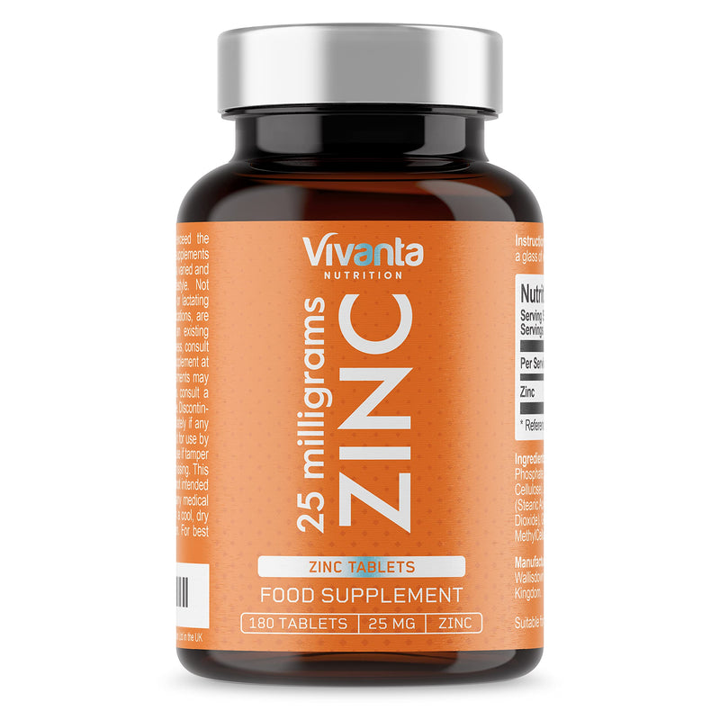 Zinc Tablets 25mg by Vivanta Nutrition - High Strength Zinc Supplement - 180 x Easy Swallow 25mg Elemental Zinc Tablets from Zinc Gluconate - BeesActive Australia