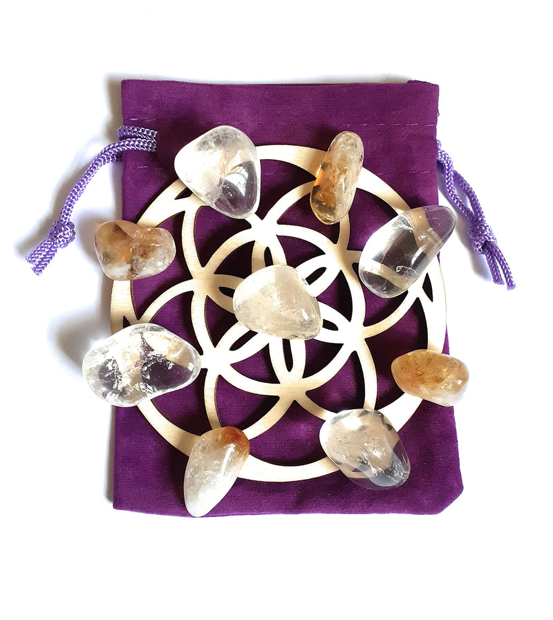 Positive Energy Crystal Grid Seed of Life Mini Set - Citrine, Clear Quartz Crystals tumblestones Reiki Charged - BeesActive Australia