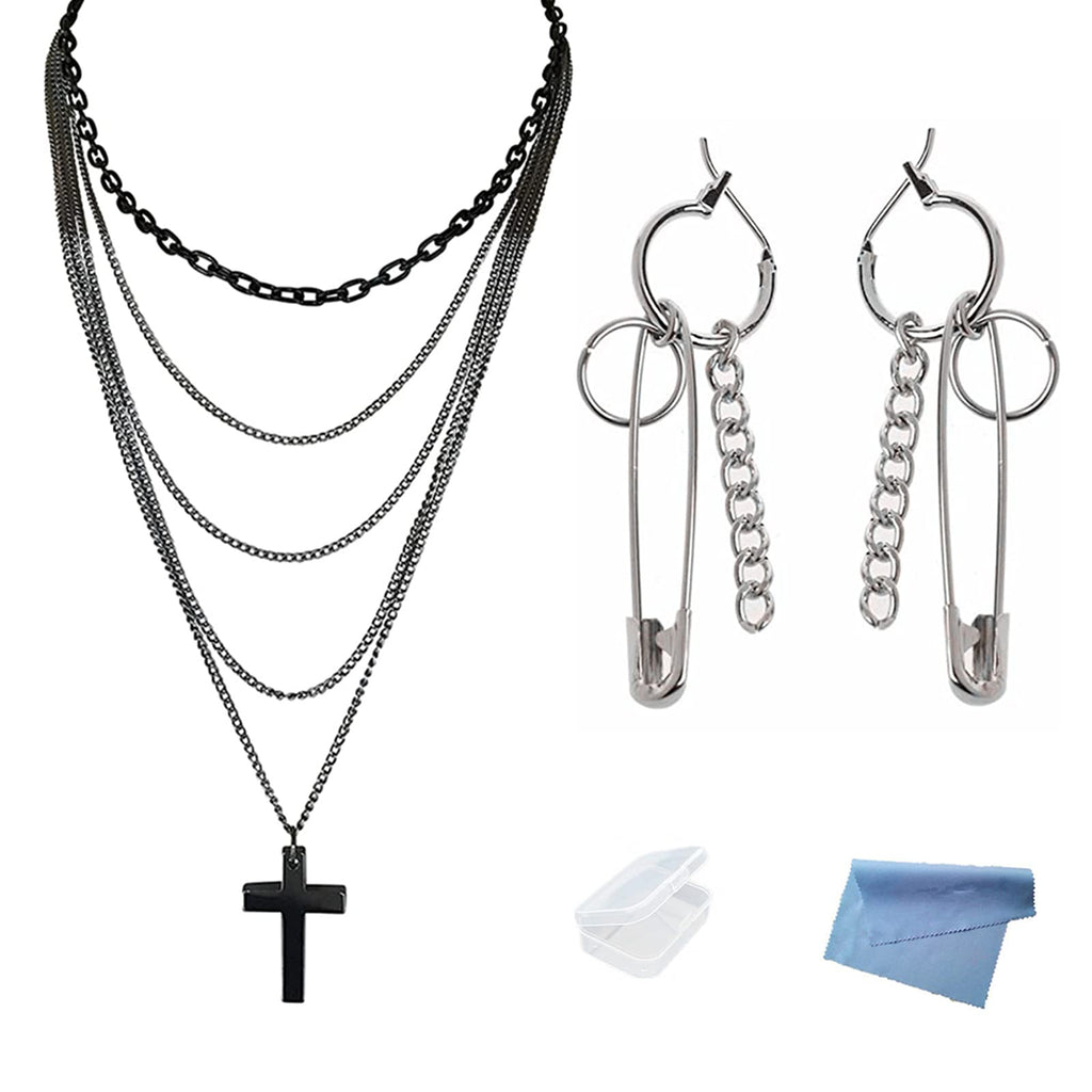 XHBTS Multilayer Gothic Retro 80s Black Long Chain Cross Necklace and Stainless Steel Cool Punk Pin Earrings for Men Women Teen with Mini Cloth and Mini Box - BeesActive Australia