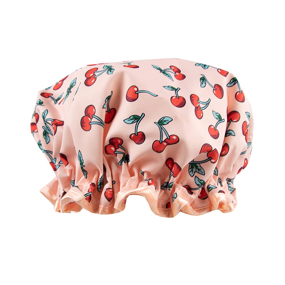 The Vintage Cosmetic Company Shower Cap Elasticated and Waterproof Keeps Hair Dry and Fizz Free Retro Cherry Design Cherry Print - BeesActive Australia
