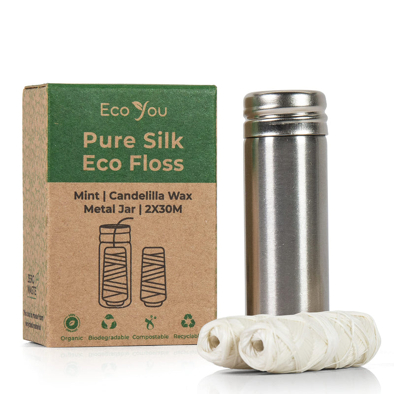 EcoYou Natural Silk Dental Floss | Refillable Metal Container & 2 Refills | Mint & Candelilla Wax | Organic, Biodegradable - BeesActive Australia