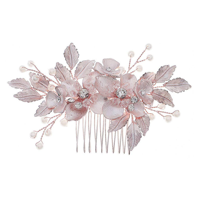 Minkissy Wedding Hair Comb, 2pc Elegant Crystal Flower Shape Side Combs Headpiece with Pearl for Women (Rose Gold) - BeesActive Australia