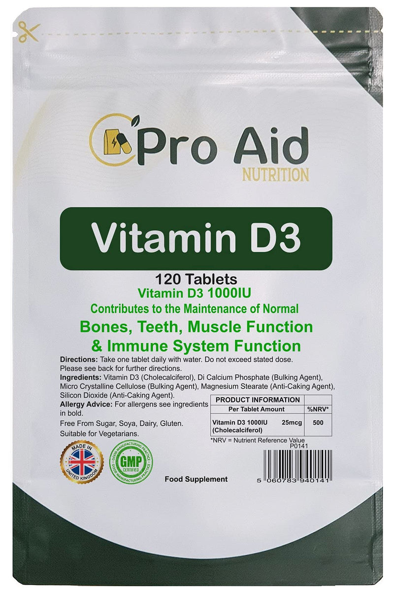 Vitamin D3 1000IU Tablets 120 Pack by ProAid, Easy to Swallow, One A Day, Made in UK, Premium Tablets - BeesActive Australia