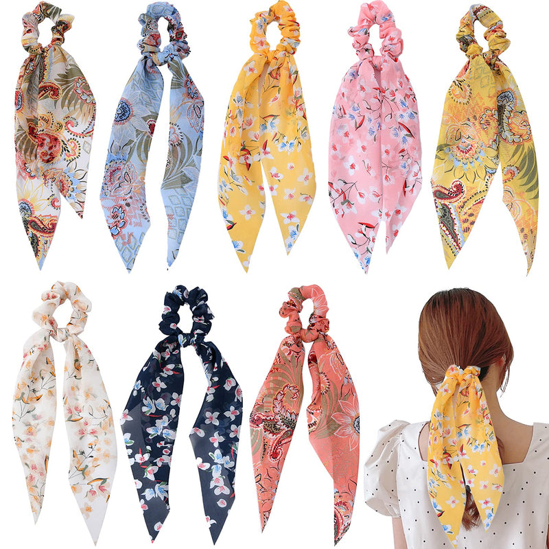 8 Pcs Elastic Hair Band, Ribbon Bow Scrunchies Ponytail Holder Floral Flower Polka Dot Scrunchy Ties For Women Girls - BeesActive Australia