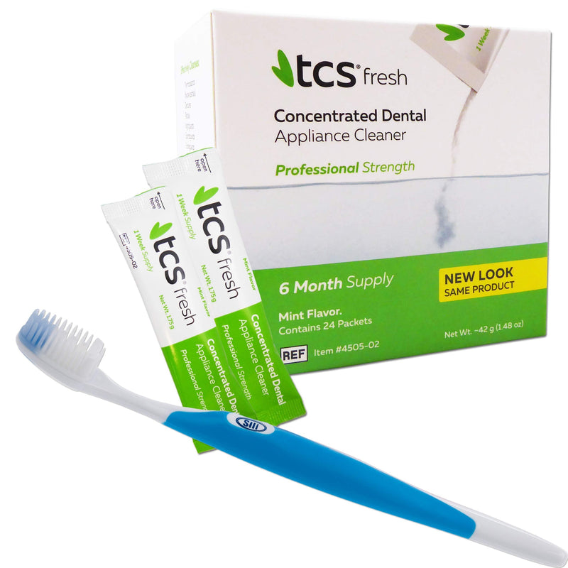 TCS & Silicone Brush ~ 24 Weekly Sachets Concentrated Cleaner for Flexible Dentures, Retainers and Dental Appliances (Blue) Blue - BeesActive Australia