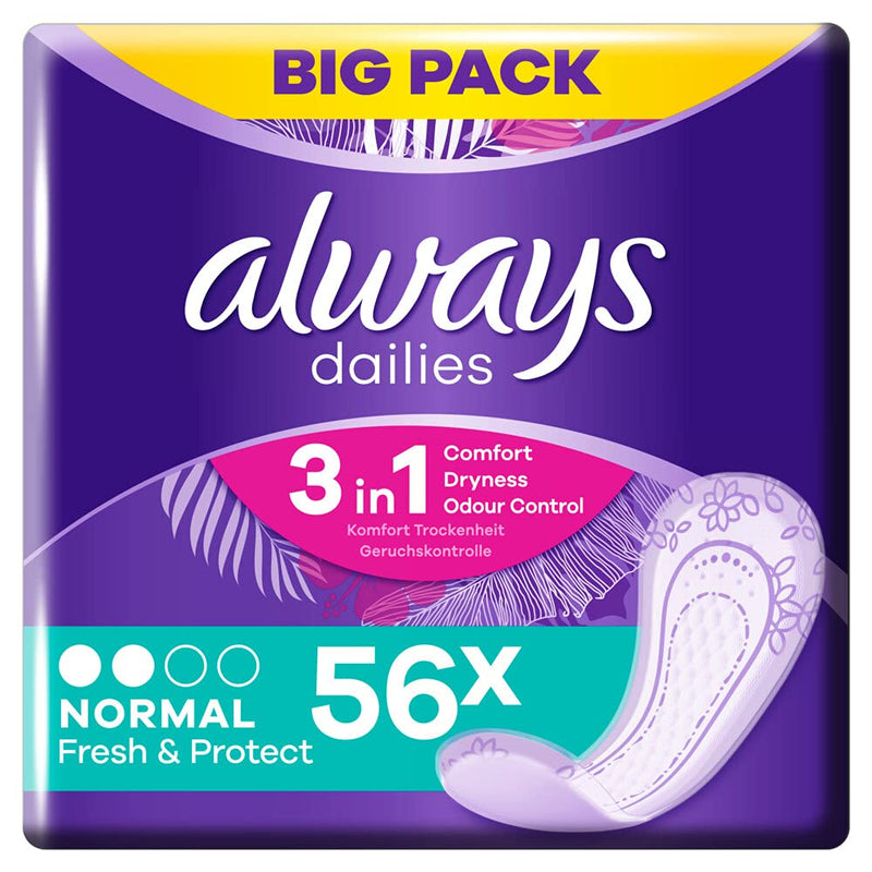Always Dailies Women's Normal Fresh & Protect Pantyliners (56 Pads), Giga Pack, Breathable, Flexible, with Absorbent Core - BeesActive Australia