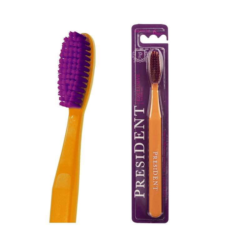PRESIDENT Exclusive Medium Toothbrush -- Cleans and Removes Plaque, Tartar and Staining to Prevent Cavities -- 6 MIL (Orange/Purple) Orange/Purple - BeesActive Australia