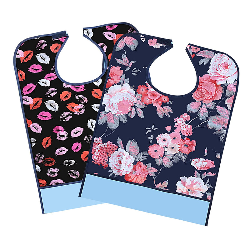 kuou 2Pack Adult Bibs,Adult The Eldly Bib Adult Washable Dining Bibs for Elderly(Floral Pattern) Flower+lip - BeesActive Australia