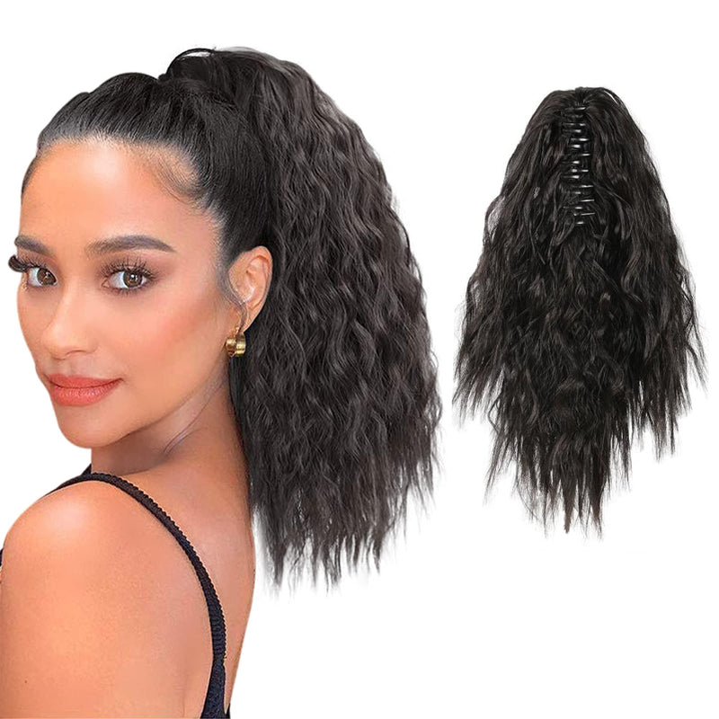 MEIRIYFA Short Black Ponytail Extension Curly Wavy Ponytail Extension Clip In On Ponytail Synthetic Hair Piece Heat Resistant for Daily Use 40 cm - BeesActive Australia