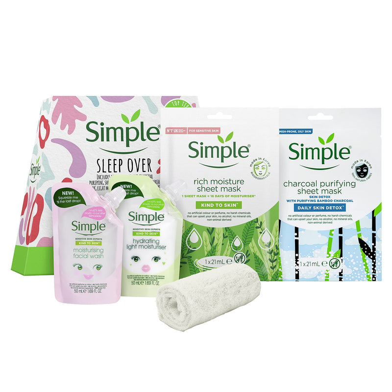 Simple Sleep Over Set including sheet masks to cleanse and hydrate with a cotton cleansing face cloth Festive Gift Set for Women & Girls 4 piece - BeesActive Australia