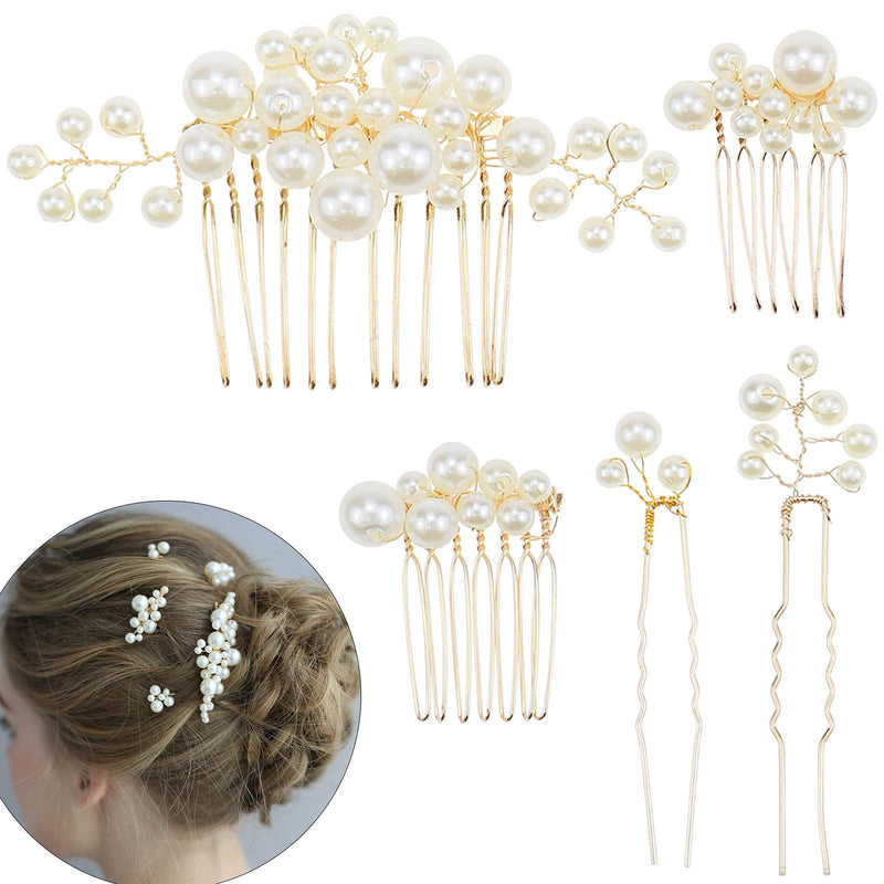 5 Pcs Bridal Pearl Hair Comb Hairpin Handmade Pearl Hair Slides Rhinestone Bridal Headpiece Hair Accessories for Women - BeesActive Australia