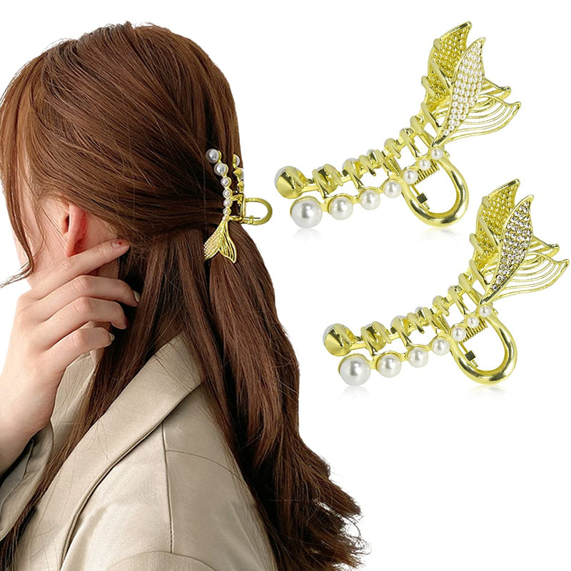 Hair Claw Clips for Women Large Pearl Jaw Clips Fashion Pearl Hair Clips Plastic Hair Catch for Thick or Fine Hair (2 Packs) 2 Packs - BeesActive Australia