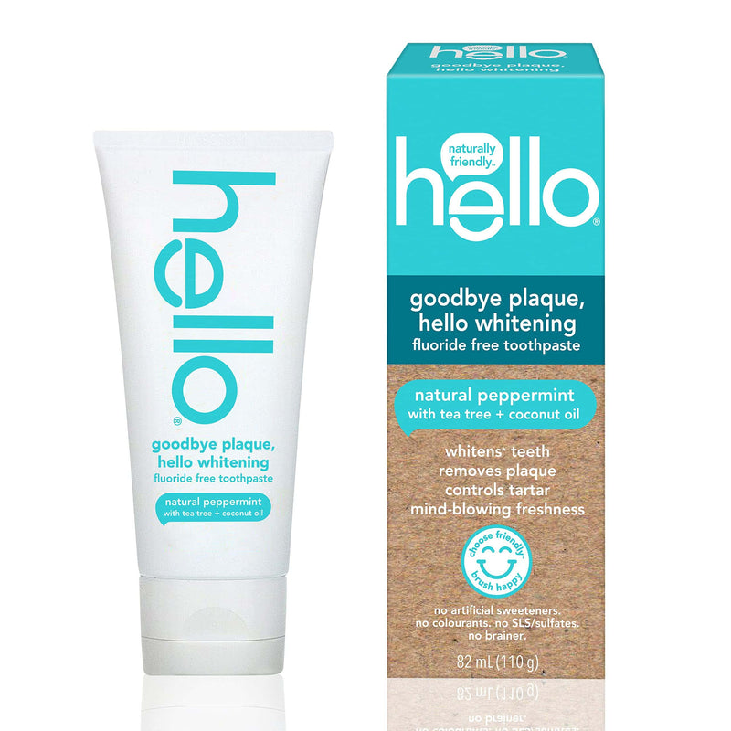 Hello Goodbye Plaque + Whitening Fluoride-Free Toothpaste, Natural Peppermint Flavour, Peroxide Free & SLS Free, 82 ml Single 82 ml (Pack of 1) - BeesActive Australia
