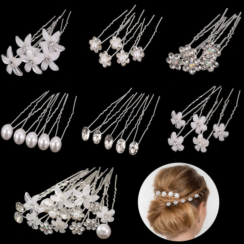 AUXSOUL 30Pcs Bridal Hair Pins, Crystal Pearl Hair Pins U Shaped Diamond Hair Pins, Wedding Rhinestone Hair Clip for Women Girl (6 styles) - BeesActive Australia