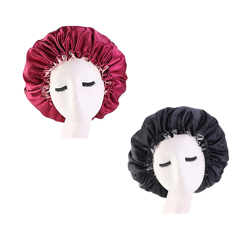 Women Double Layer Satin Bonnet Sleep Cap for Long Curly Hair 2 Color Reversible Adjustable Silky Satin Cap Extra Large (2PC-black+red) 2PC-black+red - BeesActive Australia