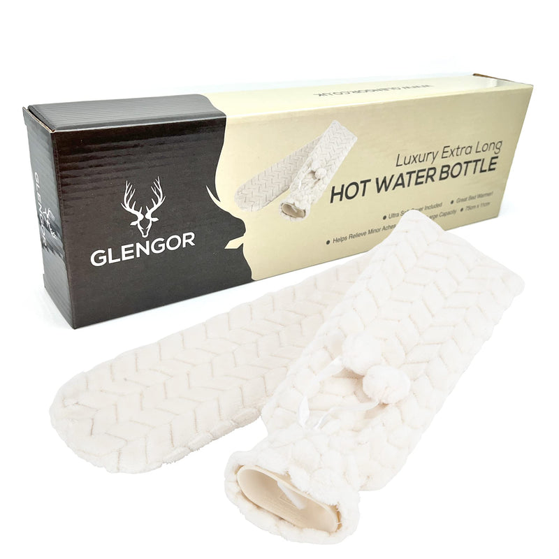 Glengor Luxury Extra Long Hot Water Bottle | Ultra-Soft Cover | 75cm | 2L | Natural Rubber | Cream - BeesActive Australia