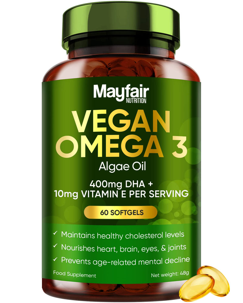 Vegan Omega 3 from Sustainable Algae Oil - 60 Vegan Capsules Rich in Algae Omega 3 Fatty Acids - 400mg DHA & 10mg Vitamin E Per Daily Serving - BeesActive Australia