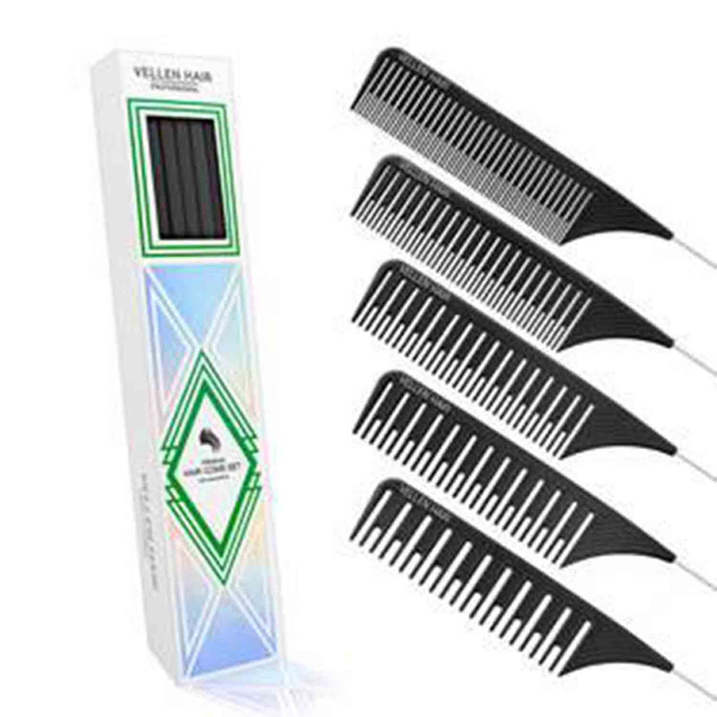 Vellen Weave Tail Comb - Professional Hairdressing Barber Hair Salon - Metal Pin Highlights Hairdresser Styling Tool - Set of 5 (Black) Black - BeesActive Australia
