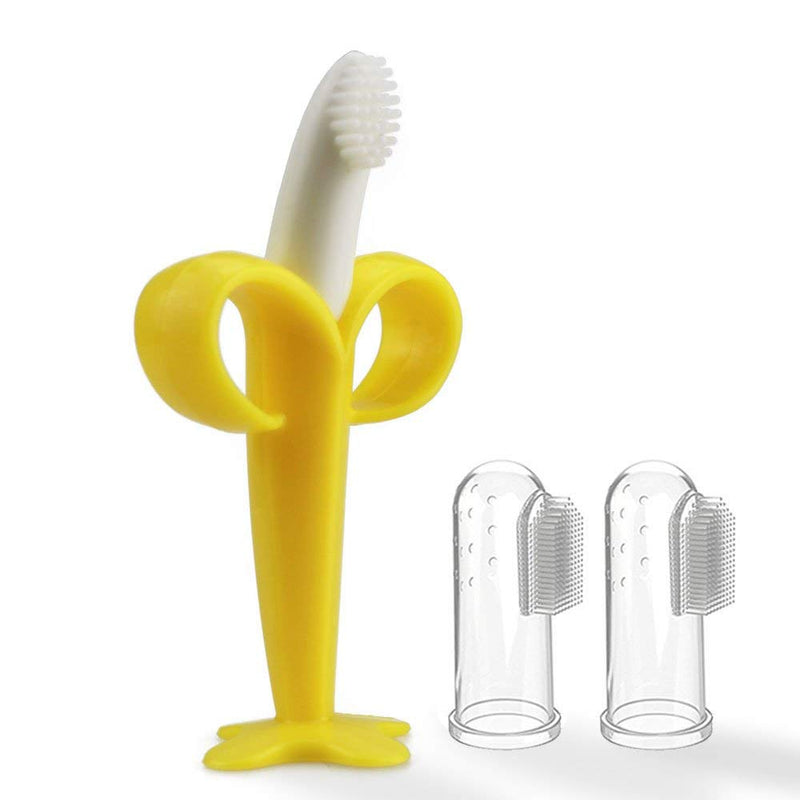 Baby Teether and Toothbrush, 3 in Pack, Silicone Toddler Training Finger Toothbrushes with Storage Case 1 bananas teether+2 finger toothbrush - BeesActive Australia