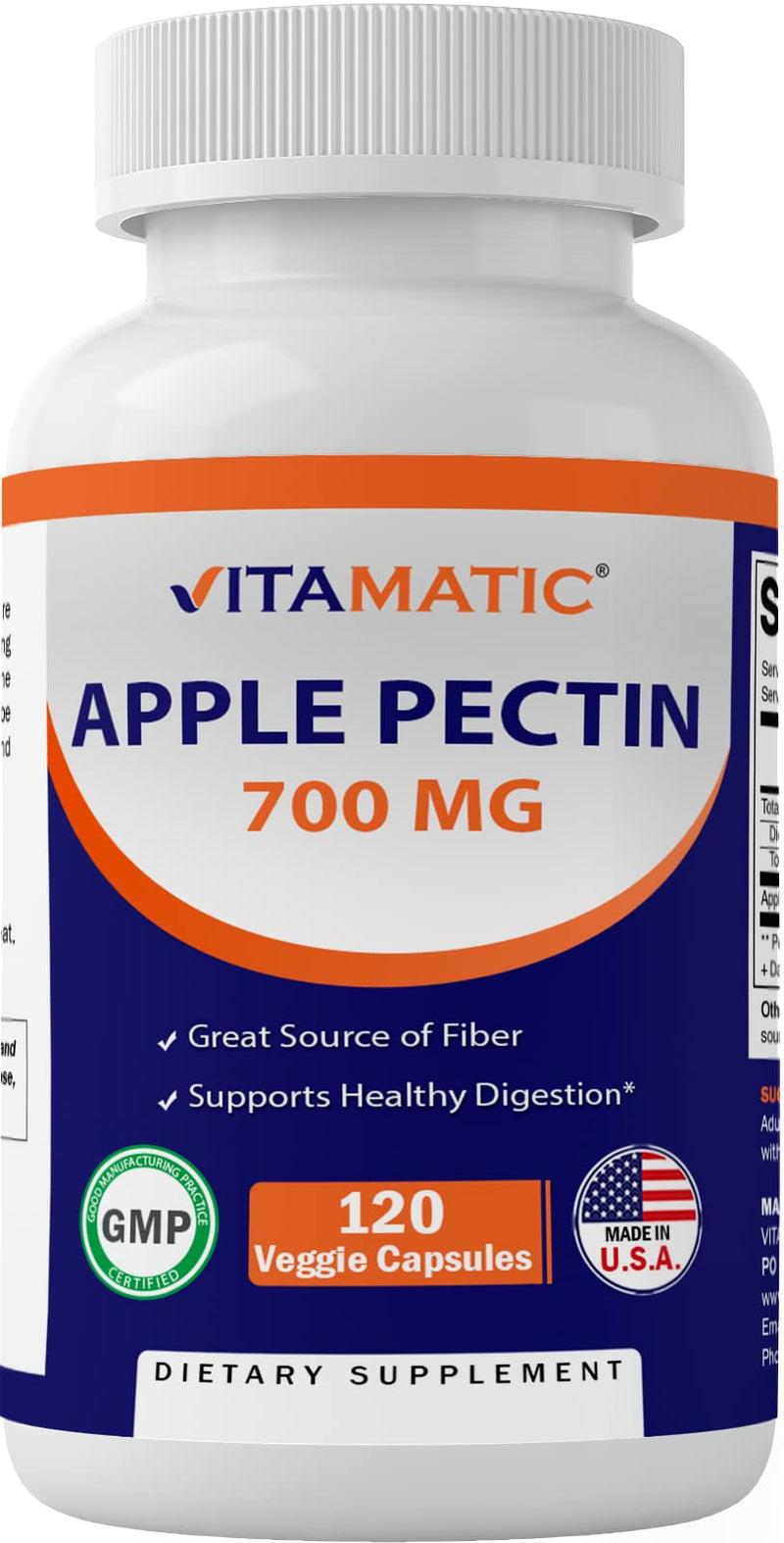 Vitamatic Apple Pectin 700 mg 120 Vegetarian Capsules - Dietary Fiber - Promotes Healthy Intestinal Health* - BeesActive Australia