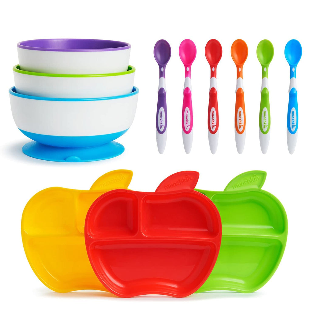 Munchkin Weaning Set, Includes 3x Stay Put Suction Bowls, 3x Little Apple Divided Plates & 6x Soft Tip Spoons - BeesActive Australia