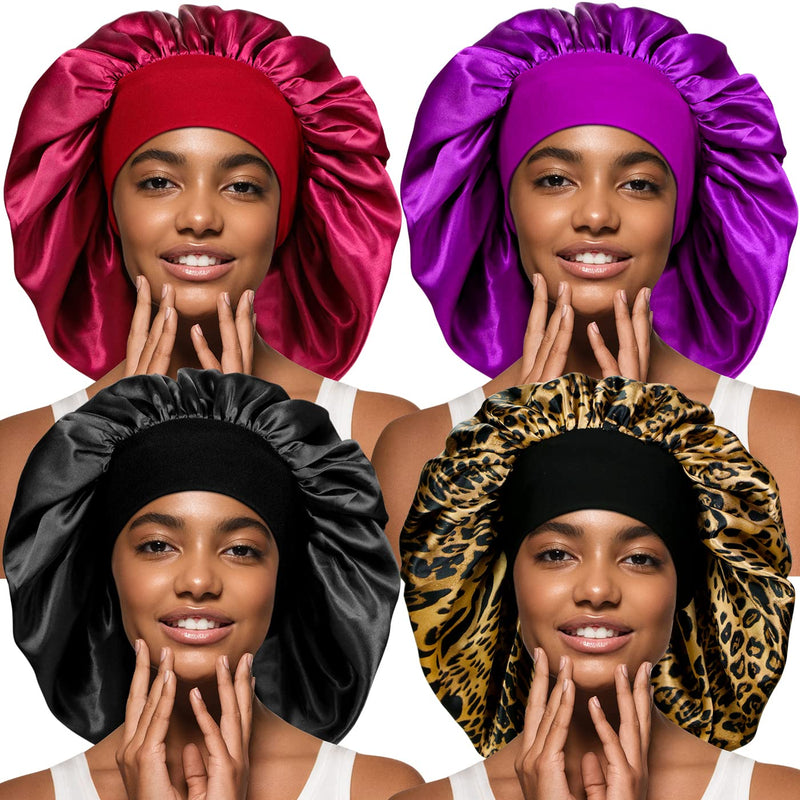 4 Pieces Extra Large Satin Bonnet for Curly Hair, Long Hair Sleep Cap With Wide Elastic Soft Band Big Sleeping Bonnets for Women Hair Care - BeesActive Australia