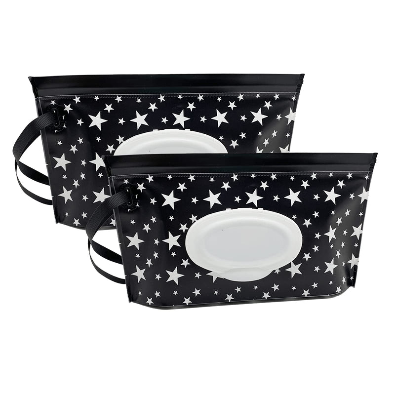 Portable Baby Wet Wipe Pouch Bags, Reusable & Refillable Wipes Dispenser, Eco Friendly & Lightweight Travel Wet Wipe Holder (2 Pack, Black Star) - BeesActive Australia