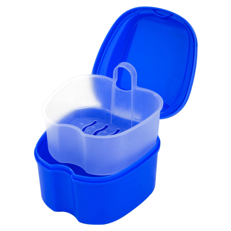 Heveer Denture Bath Case Dental Retainer Box Portable Denture Container with Strainer for False Teeth Storage Soaking Cleaning Dark Blue - BeesActive Australia