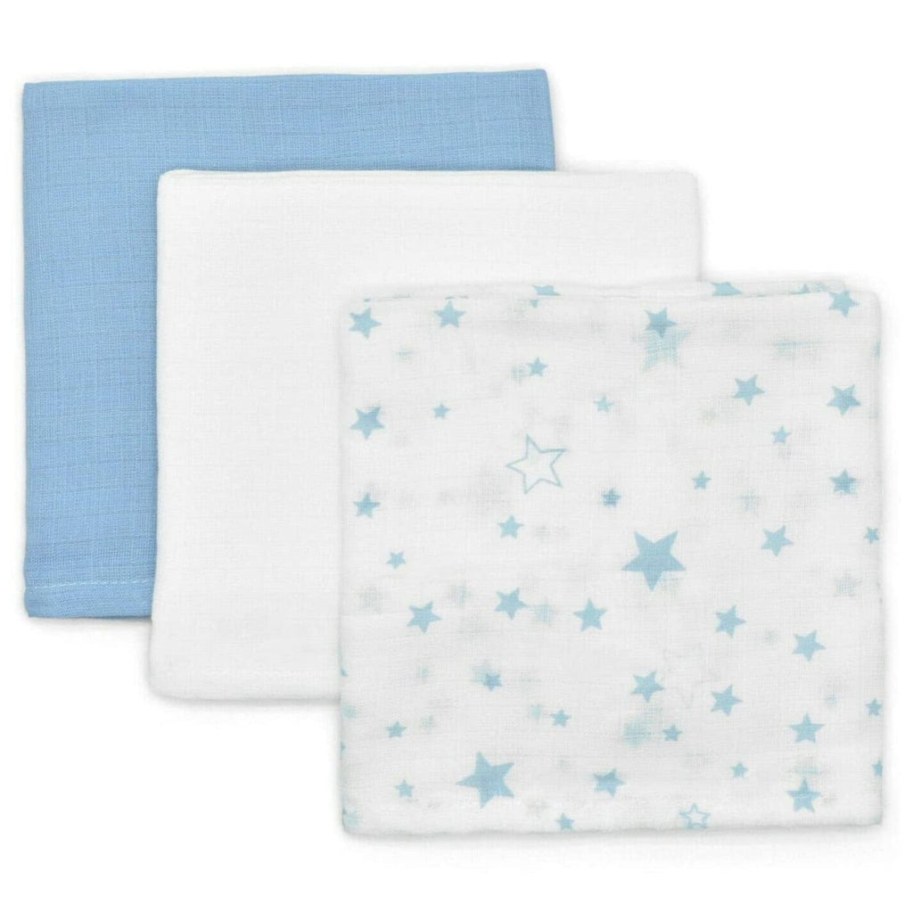 100% Soft Natural Cotton Muslin Squares 3 Pack Ideal For Baby Boys Or Girls 70cm x 70cm Newborn Burp Cloth, Swaddle Bib (Blue) Blue - BeesActive Australia