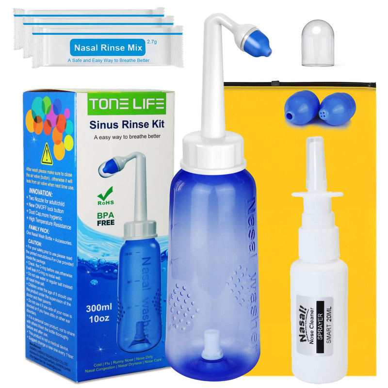 3xNasal Rinse Mix + Neti Pot | Nose Wash Bottle 300ml + Nasal Sprayer with Waterproof Storage Bag - BeesActive Australia