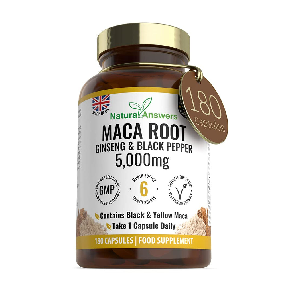 180 Maca Root Capsules with Ginseng & Black Pepper - (6 Months Supply) Vegetarian Supplement - UK Manufactured 5000mg - BeesActive Australia