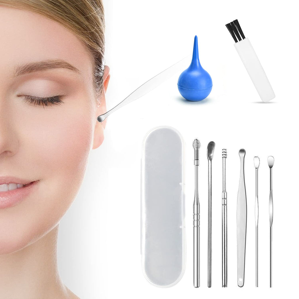 6pcs stainless steel ear scoops and 1 white brush and 75ml ear washer, reusable ear cleaner earwax removal, stainless steel ear picking tool - BeesActive Australia