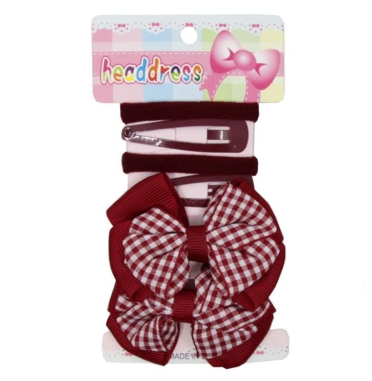 Vivana Girls School Hair Set 6 Gingham Bow Clip Bendies Hair Grips Elastics Bobbles (Burgundy and White Gingham Set) Burgundy and White Gingham Set - BeesActive Australia