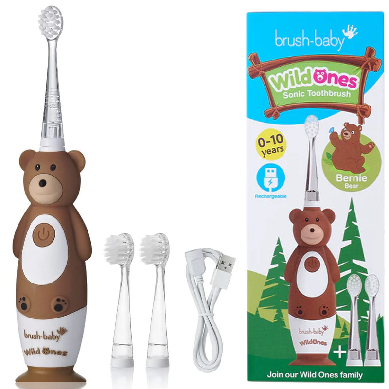 Brush-Baby WildOnes Kids Electric Rechargeable Toothbrush Bear, 1 Handle, 3 Brush Head, USB Charging Cable, for Ages 0-10 (Bear) - BeesActive Australia