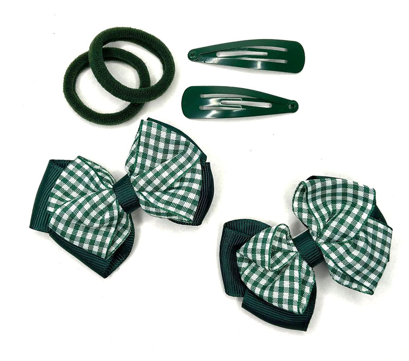6 Piece Set , School Hair Set Clips Bobbles Bendies Bow Clips Girls Hair Accessory (Bottle Green Gingham) Bottle Green Gingham - BeesActive Australia